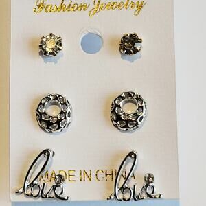 Silver Tone Love Stud ,  And Donut Style Earrings w/ gold Prong Crystal 3 Pairs